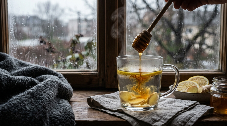 Dampfendes Glas mit heissem Wasser, Zitronenscheiben und Ingwer, in das Honig eingerührt wird, am winterlichen Fenster