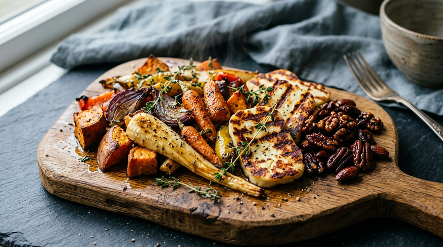Holzbrett mit geröstetem Gemüse, gegrilltem Halloumi und karamellisierten Nüssen, garniert mit Thymian