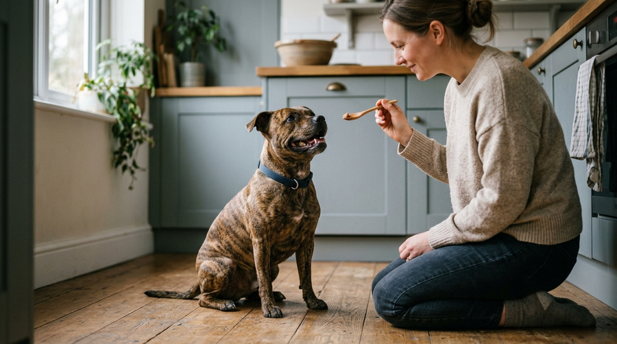 Hund sitzt auf einem Holzboden und schaut erwartungsvoll zu seiner Besitzerin auf, die neben ihm kniet und einen kleinen Holzlöffel hält