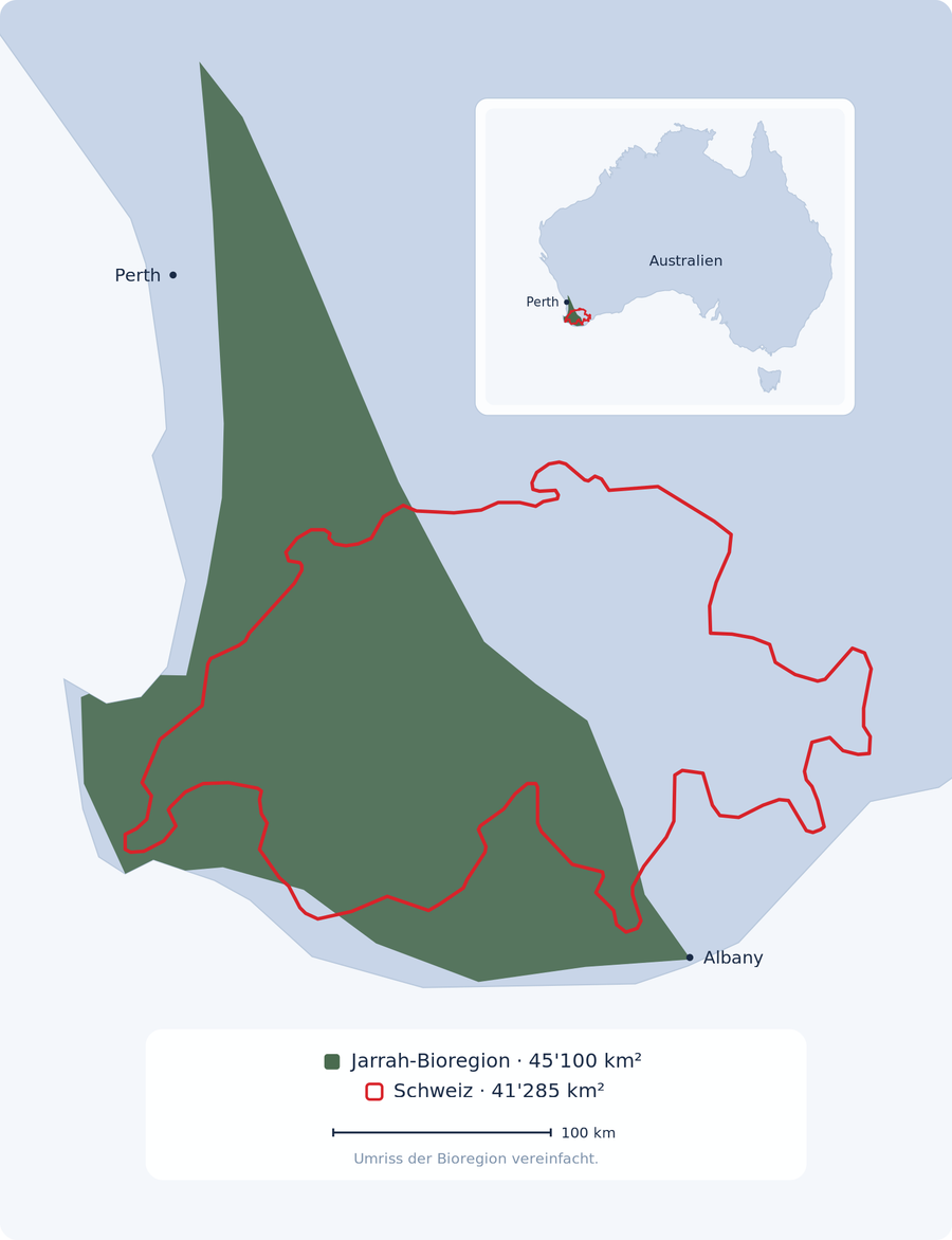 Karte des Südwestens Australiens mit der Jarrah-Bioregion (45'100 km²) und dem massstabsgetreu darübergelegten Umriss der Schweiz (41'285 km²), mit Perth und Albany